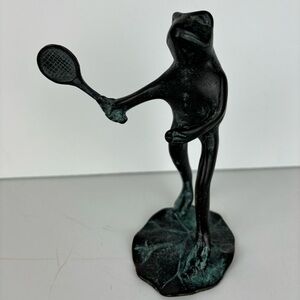 SPI Tennis/Pickle Ball Playing Frog solid brass sculpture on lily pad.